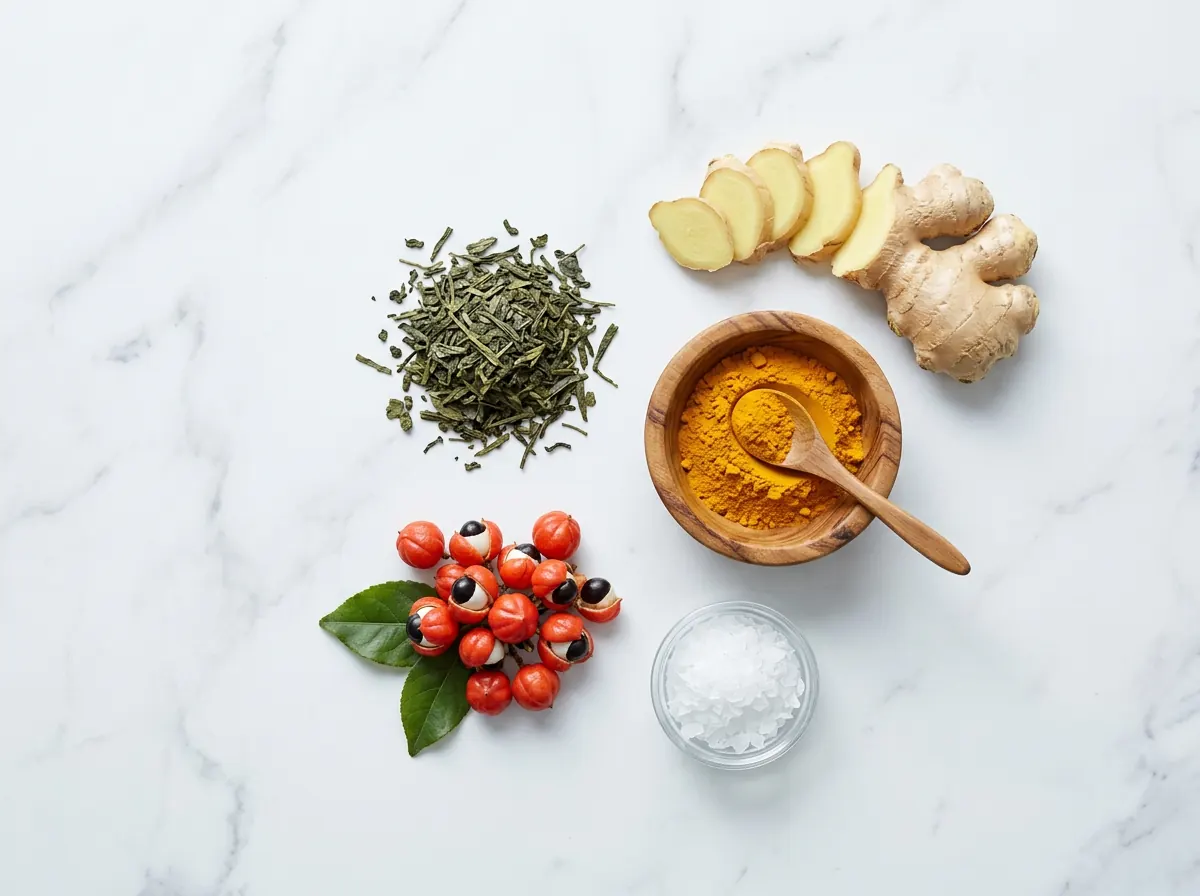 Plantaardige ingrediënten Ozalyn: groene thee, guarana bessen, gemberwortel en kurkuma op wit marmer